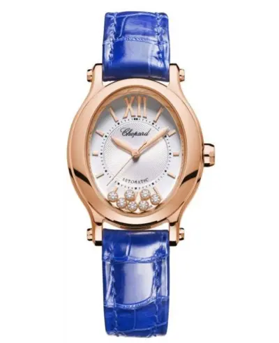 Chopard Happy Sport Oval 7 Floating Diamonds Automatic Silver Dial 18K Rose Gold Leather Strap Women's Watch Model 275362-5001 (arb9973)
