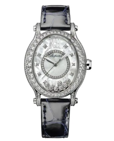 Chopard Happy Sport Oval 7 Model 275372-1001 Polished 18K White Gold Mother of Pearl Dial Floating Diamonds Blue Alligator Leather Strap Automatic Luxury Watch (arb9977)