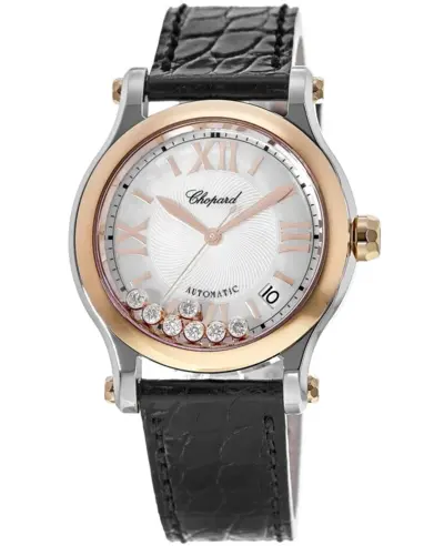 Chopard Happy Sport Medium Automatic 36mm Mother of Pearl Floating Diamond Dial 18K Rose Gold Bezel Leather Strap Watch Model 278559-6008 (arb10000)