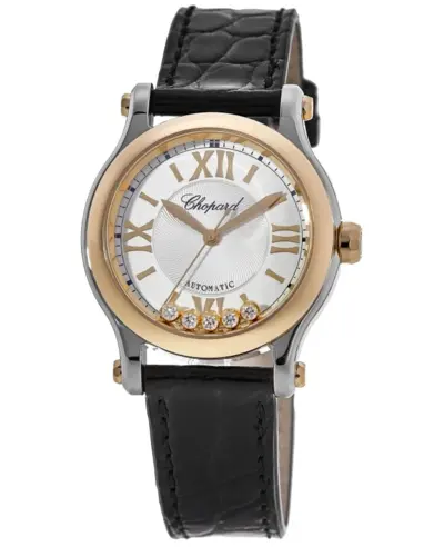 Chopard Happy Sport Mini Automatic 30mm Silver Diamond Dial with Rose Gold Bezel and Black Leather Strap Women's Watch Model 278573-6013 (arb10014)