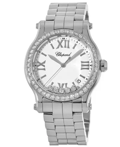 Chopard Happy Sport Medium 36mm Quartz White Dial Custom Diamond Bezel Steel Women's Watch Model 278582-3002-CD (white, arb10031)