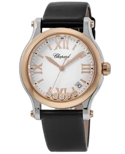 Chopard Happy Sport Medium 278582-6001S Rose Gold Floating Diamonds Bezel Black Satin Strap Women's Watch (white, arb10042)