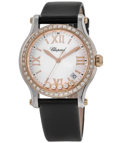 Chopard Happy Sport Medium White Dial Custom Diamond Rose Gold Bezel Satin Strap Women's Watch Model 278582-6001S-CD (white, arb10043)