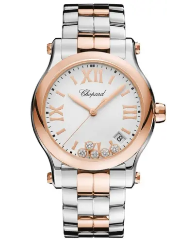 Chopard Happy Sport Medium 36mm Model 278582-6002 Rose Gold & Steel Case, Polished Stainless Steel Bracelet with Floating Diamonds, White Dial, Roman Numeral and Stick Hour Markers, Quartz Movement with Date Function (white, arb10045)