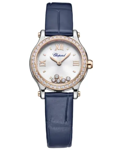 Chopard Happy Sport Women's Watch Model 278620-6002, Silver Dial, Rose Gold Diamond Bezel, Blue Alligator Leather Strap (arb10094)