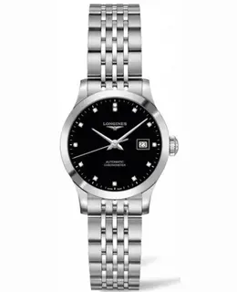 Authentic Longines Record L2.321.4.57.6: Black Dial Diamond Motifs Stainless Steel Women's Watch