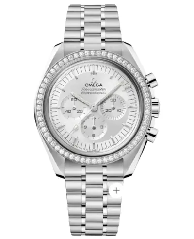 Omega Speedmaster Moonwatch Professional Chronograph Silver Dial Diamond Bezel Model 31055425002001 310.55.42.50.02.001 (arb10172)