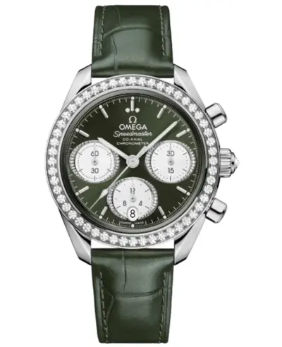 Omega Speedmaster Co-Axial Chronograph 38mm Automatic Green Dial Diamond Bezel Leather Strap Unisex Watch 324.18.38.50.60.001 (green, arb10203)