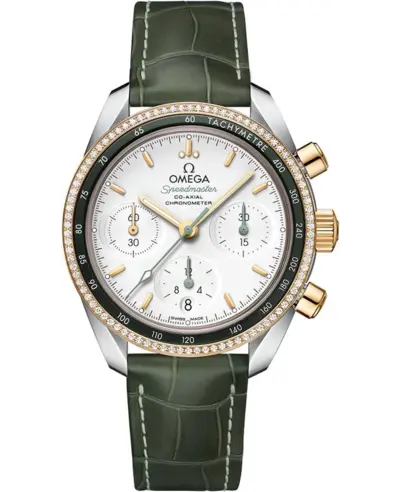 Omega Speedmaster Co-Axial Chronograph 38mm Diamond Steel Yellow Gold Green Leather Watch 324.28.38.50.02.001 (arb10207)
