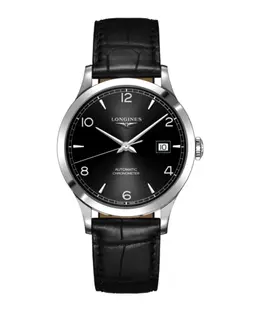 Longines Record L28214562 - Men's Automatic Chronograph Watch with Black Dial & Black Leather Strap