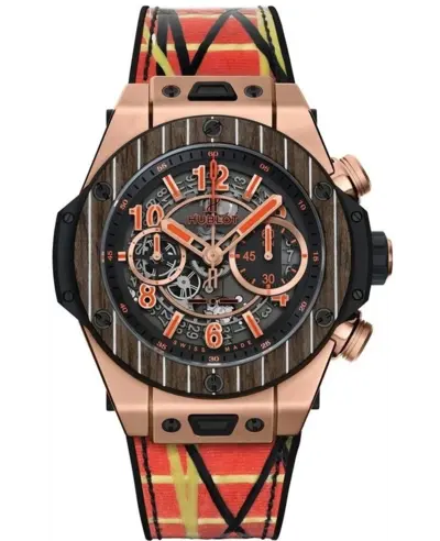 Hublot Big Bang Unico 411.OQ.1189.NR.ITI18 - Men's Watch Skeleton Dial Carbon Fiber Wood Bezel Rubber Strap Rose Gold (arb10363)