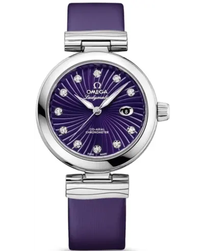 Authentic Omega De Ville Ladymatic Model 42532342060001 Purple Diamond Dial Leather Strap Women's Watch 425.32.34.20.60.001 (violet, arb10423)