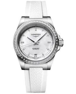 Longines Conquest Automatic Mother of Pearl Dial Diamond Bezel White Rubber Strap Women's Watch L3.430.0.87.9