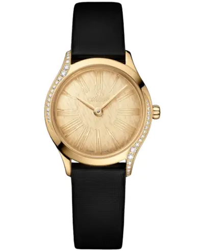 Omega De Ville Mini Tresor Quartz Gold Dial Diamond Set Yellow Gold Fabric Strap Women's Watch Model 42857266099001 428.57.26.60.99.001 (arb20212)