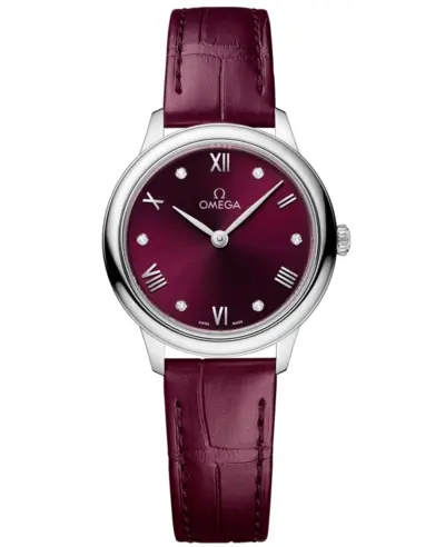 434.13.28.60.61.001 Omega De Ville Prestige Quartz Watch Burgundy Diamond Dial 27.5mm Stainless Steel Case Alligator Leather Strap (arb10540)