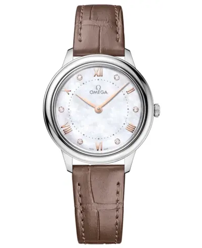 Omega De Ville Prestige Quartz 30mm Mother of Pearl Diamond Dial Taupe Leather Strap Women's Watch Model:434.13.30.60.55.001 (arb10542)