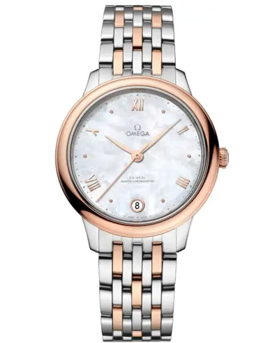 Omega De Ville Prestige Co-Axial Master Chronometer 34mm Automatic Mother of Pearl Dial Rose Gold and Steel Women's Watch Model 434.20.34.20.05.001 (arb10574)