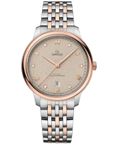 Omega De Ville Prestige Co-Axial Master Chronometer 40mm Automatic Linen Diamond Dial Rose Gold and Steel Men's Watch Model: 434.20.40.20 434.20.40.20.59.001 (beige, arb10583)