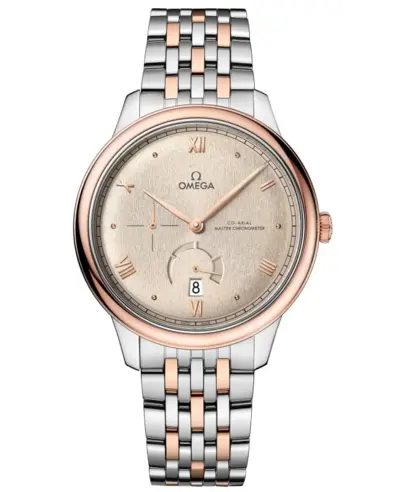 Authentic Omega De Ville Prestige Co-Axial Chronometer Power Reserve Automatic Linen Dial Rose Gold and Steel Men's Watch Model 4342041 434.20.41.21.09.001 (beige, arb10587)