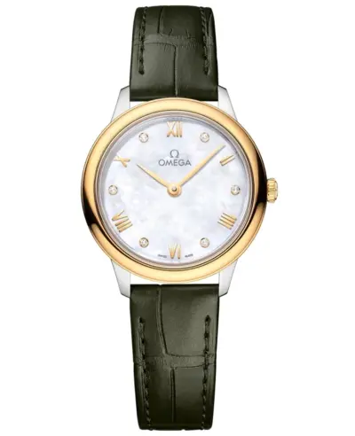 Omega De Ville Prestige Quartz 434.23. Mother of Pearl Diamond Dial Yellow Gold Bezel Green Alligator Leather Strap Women's Watch 434.23.28.60.55.001 (arb10589)
