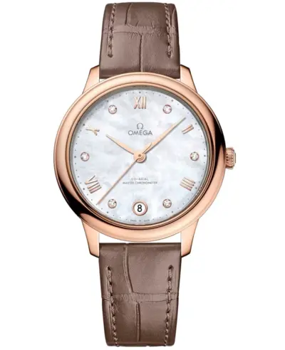 Omega De Ville Prestige Co-Axial Master Chronometer 434.53.34.20.55.001 - Mother of Pearl Diamond Dial, 18K Rose Gold, Taupe Alligator Strap (arb10619)