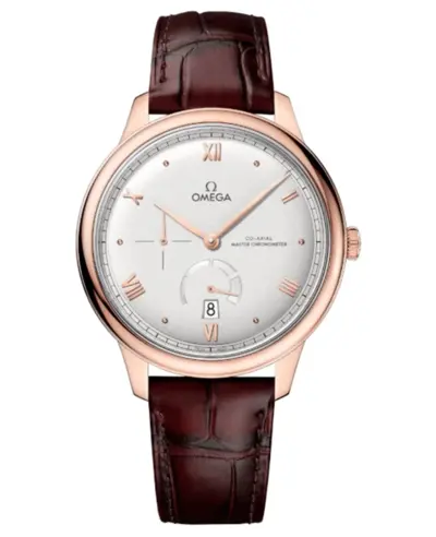 Omega De Ville Prestige Co-Axial Chronometer Power Reserve 41mm Automatic Silver Dial 18K Rose Gold Burgundy Leather Strap Men's Watch Model 434.53.41.21.02.001 (arb10625)