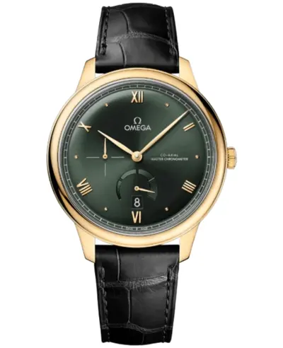 Omega De Ville Prestige Co-Axial Chronometer Power Reserve 41mm Automatic Green Dial in Yellow Gold, Black Alligator Leather Strap - Model: 43453412110001 434.53.41.21.10.001 (green, arb10626)