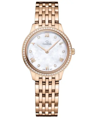 Omega De Ville Prestige Quartz Model 43455286055001, Mother of Pearl Dial, Diamond Bezel, 18K Rose Gold Case and Bracelet 434.55.28.60.55.001 (arb10627)