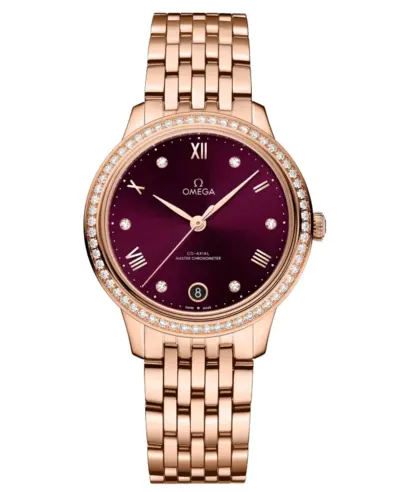 Omega De Ville Prestige Co-Axial Master Chronometer 434.55.34.20.61.001 - Burgundy Dial, Diamond Bezel, 18K Rose Gold (arb10630)