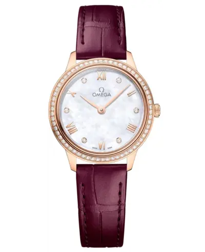 Omega De Ville Prestige Quartz 43458286055001 Mother of Pearl Dial Diamond Bezel 18K Rose Gold Burgundy Leather Strap Women's Watch 434.58.28.60.55.001 (arb10631)