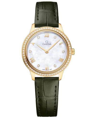 Omega De Ville Prestige Quartz 434.58.28.60.55.002 Mother of Pearl Dial Diamond Bezel Yellow Gold 18K Leather Strap Watch (arb10632)
