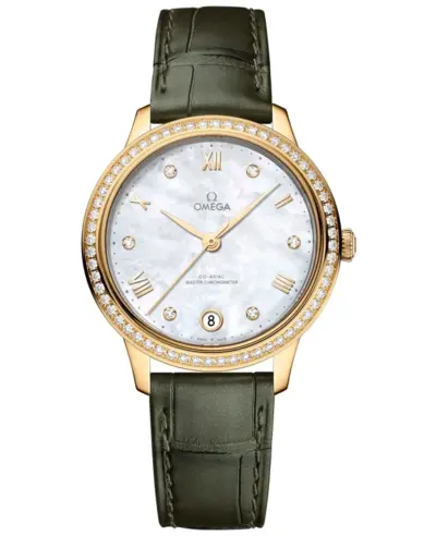 Omega De Ville Prestige Co-Axial Master Chronometer, Model 43458342055002 - Yellow Gold Case with Mother of Pearl Dial and Diamond Bezel 434.58.34.20.55.002 (arb10635)
