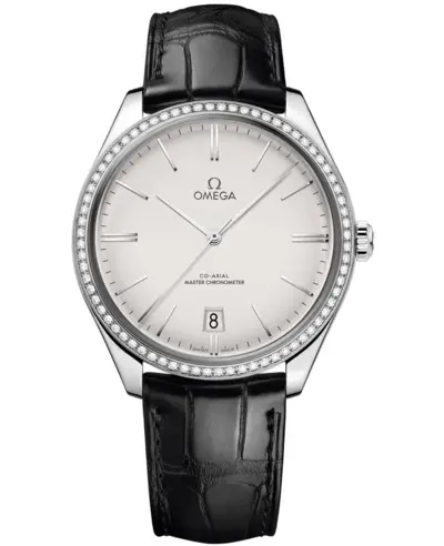 Omega De Ville Chronometer Silver Dial Diamond Black Leather Strap Men's Watch Model 435.18.40.21.02.001 (arb10640)