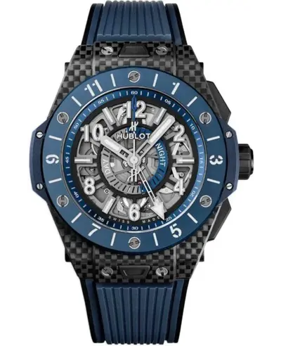 Authentic Hublot Big Bang Unico GMT Model 471.QL.7127.RX - Carbon Fiber, Blue Rubber Strap (arb10700)