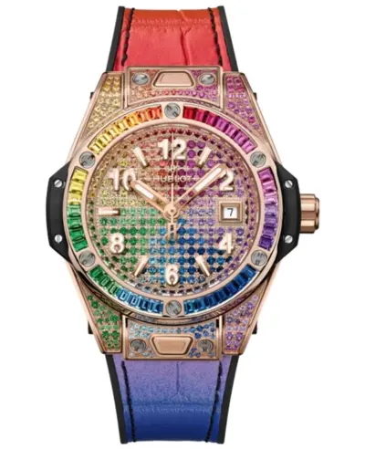Hublot Big Bang One Click Rainbow Gemstone Bezel 18K Rose Gold Automatic Women's Watch Model 485.OX.9900.LR.0999 (arb10702)