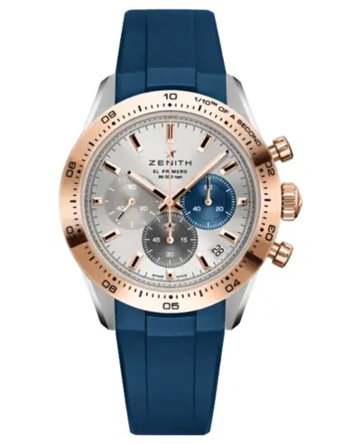 Zenith Chronomaster Sport Automatic Chronograph Silver Dial 18K Rose Gold Bezel Blue Rubber Strap Men's Watch Model:51.3100.3600/69.r950 (arb10751)