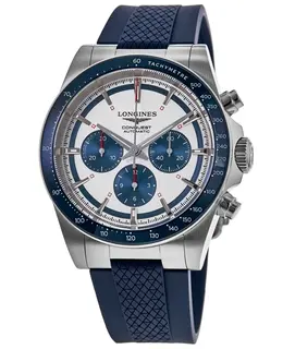 Longines Conquest Automatic Chronograph L38354989 Silver Dial Blue Rubber Strap Men's Watch
