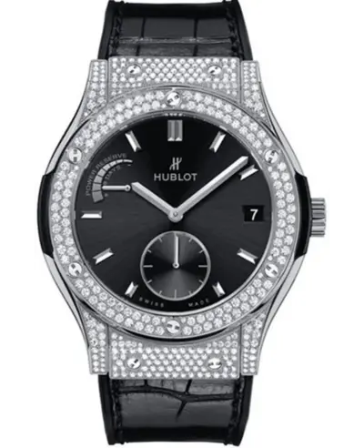 Hublot Classic Fusion Power Reserve Diamond Black Dial Leather Strap Men's Watch Model 516.NX.1470.LR 516.NX.1470.LR.1704 (black, arb17396)