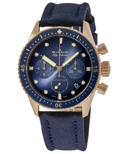 Authentic Blancpain Fifty Fathoms Bathyscaphe Model 5200-3640-O52B, Men's Luxury Flyback Chronograph Automatic Watch - Brushed Rose Gold Case with Blue Dial and Ceramic Bezel (blue, arb10811)