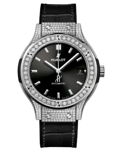 Hublot Classic Fusion Automatic Pave 38mm Black Dial Diamond Titanium Leather Strap Unisex Watch [565.nx.1470.lr.1604] (black, arb10965)