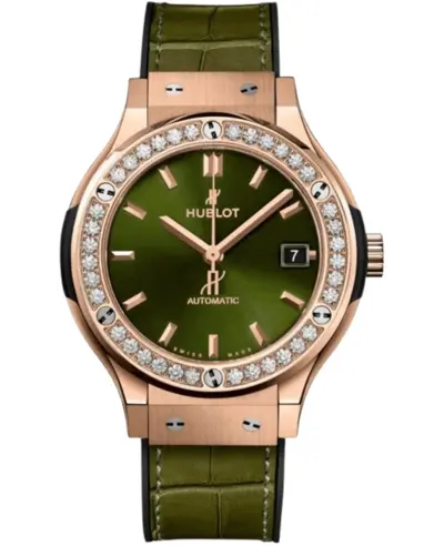 565.OX.8980.LR.1204 Hublot Classic Fusion Unisex Automatic Watch - 38mm Rose Gold King Case, Green Dial with Date and Diamond Bezel (green, arb10979)