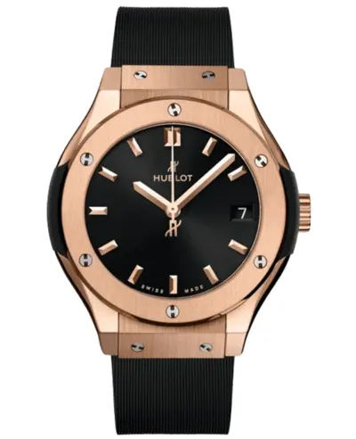 Hublot Classic Fusion 33mm King 18K Rose Gold Quartz Black Dial Rubber Strap Women's Watch Model:581.OX.1480.RX (black, arb11001)