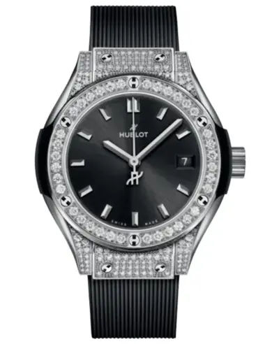 Brand New Authentic Hublot Classic Fusion Unico Titanium Pave Quartz Black Dial Diamond Case Rubber Strap Women's Watch Model 591.NX.1470.RX.1604 (black, arb11016)