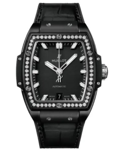 Men's Hublot Spirit of Big Bang Automatic Watch Model 665.CX.1170.LR.1204 - Black Dial, Diamond Bezel, Leather Strap (black, arb11093)