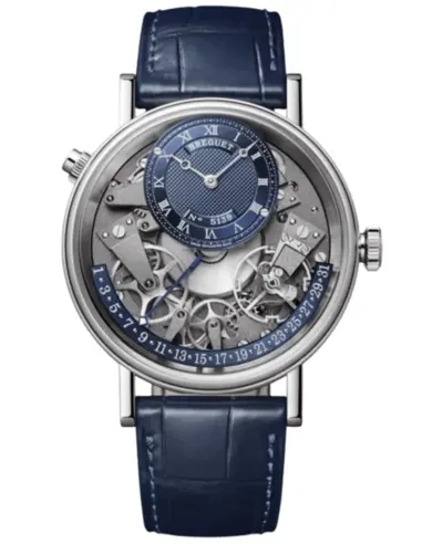 Breguet Tradition Automatic Luxury Watch Blue Dial 18K Gold Case Alligator Leather Strap Model 7597BB/GY/9WU (blue, arb11145)