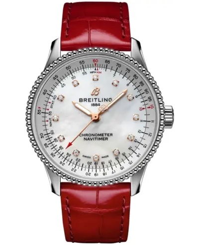Authentic Breitling Navitimer Automatic 35 - Mother of Pearl Diamond Dial Red Alligator Strap Model A17395211A1P5 (arb11313)