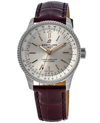 Women's Breitling Navitimer Automatic Silver Dial Burgundy Leather Strap Watch Model A17395F41G1P1 (arb11317)