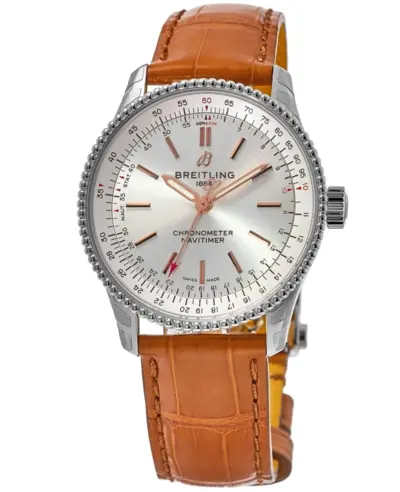 Authentic Breitling Navitimer Automatic 35 Silver Dial Brown Leather Strap Women's Watch Model A17395F41G1P4 (arb11319)