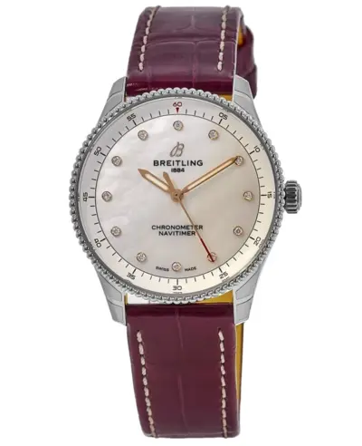 Breitling Navitimer 32 White Mother of Pearl Diamond Dial with Burgundy Leather Strap - Model a77320e61a2p2 (arb11366)