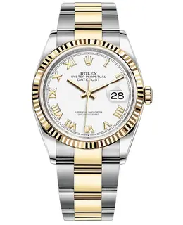 Rolex Datejust 36 Model M126233-0030 - Yellow Gold Fluted Bezel & White Roman Dial Women's Watch